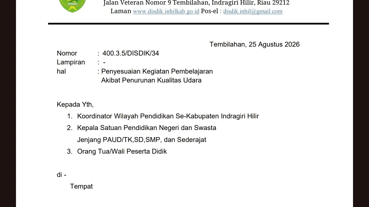Kualitas Udara Inhil Tidak Sehat, Disdik Sesuaikan Kegiatan Pembelajaran di Sekolah