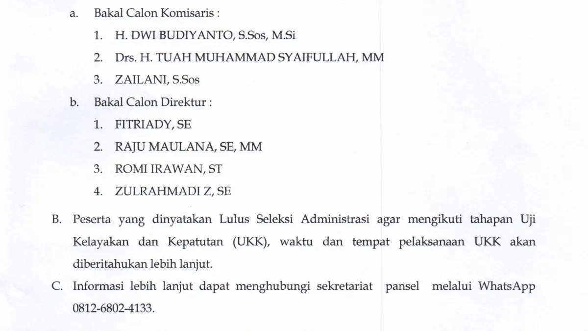 Pansel Umumkan Hasil Seleksi Administrasi Calon Komisaris dan Direktur PT KIG